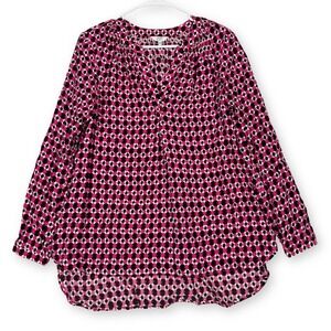 Crown & Ivy Womens‎ XS Pink Black Geometric Dot Rayon V-Neck High-Low Blouse